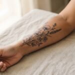 A healed fine-line wildflower tattoo featuring delicate poppies and daisies on a woman's forearm photographed in soft natural window light.