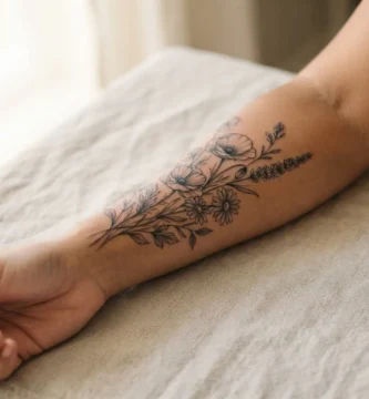 A healed fine-line wildflower tattoo featuring delicate poppies and daisies on a woman's forearm photographed in soft natural window light.