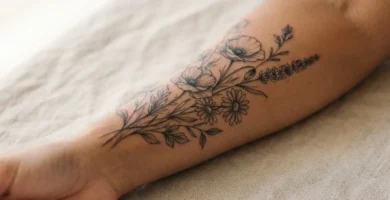A healed fine-line wildflower tattoo featuring delicate poppies and daisies on a woman's forearm photographed in soft natural window light.