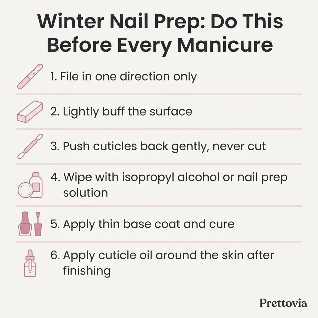 Flat vector checklist infographic titled Winter Nail Prep Routine showing six steps for preparing nails before a winter manicure, including filing, buffing, cuticle care, and alcohol wipe.