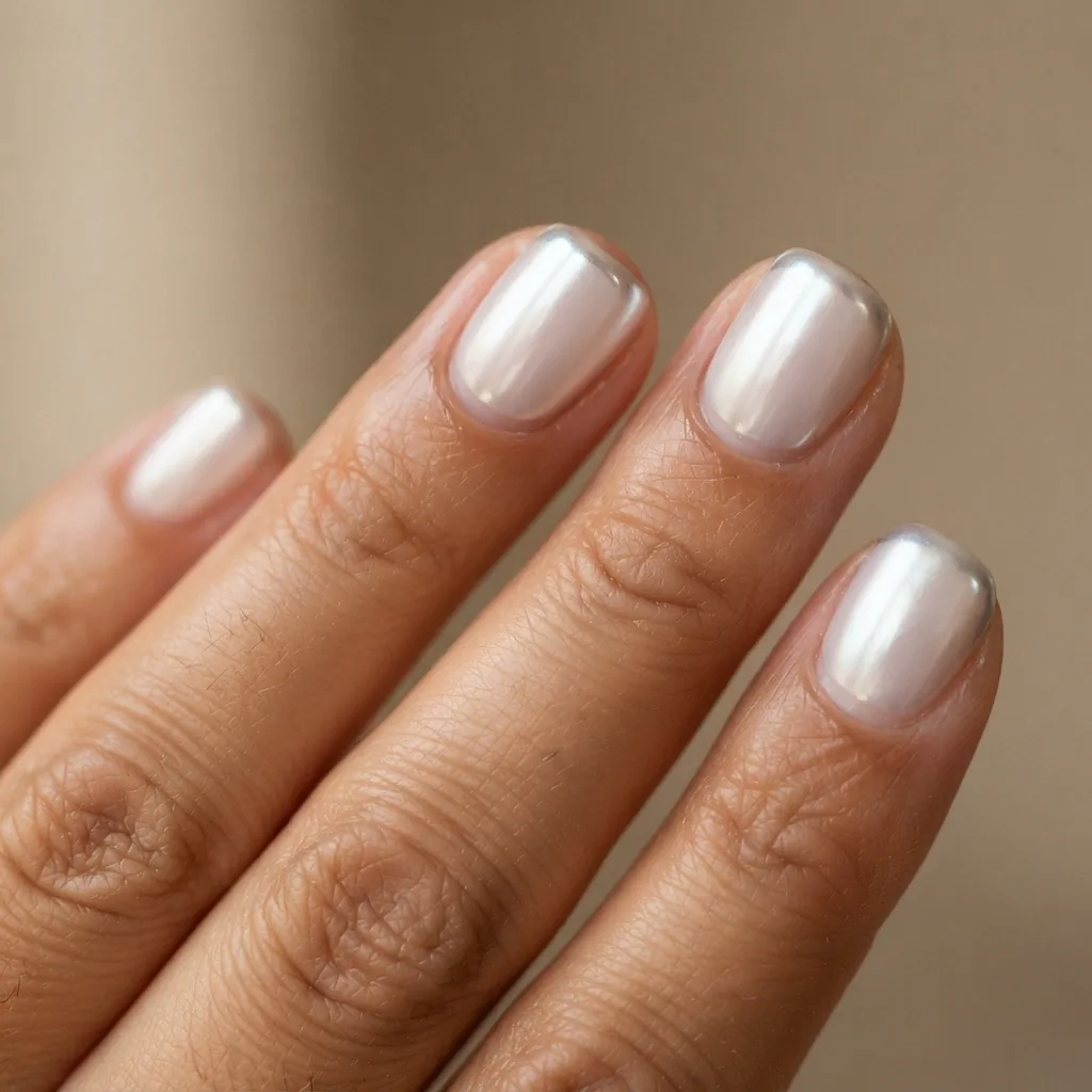 Close-up of a short squoval manicure with glazed donut chrome tips on a warm medium skin tone hand, frosted pearl finish under soft natural window light.
