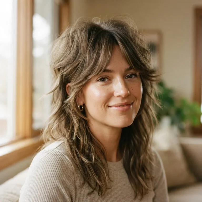 A woman with medium length wolf cut hair showing soft curtain bangs and choppy layered ends in warm natural window light.