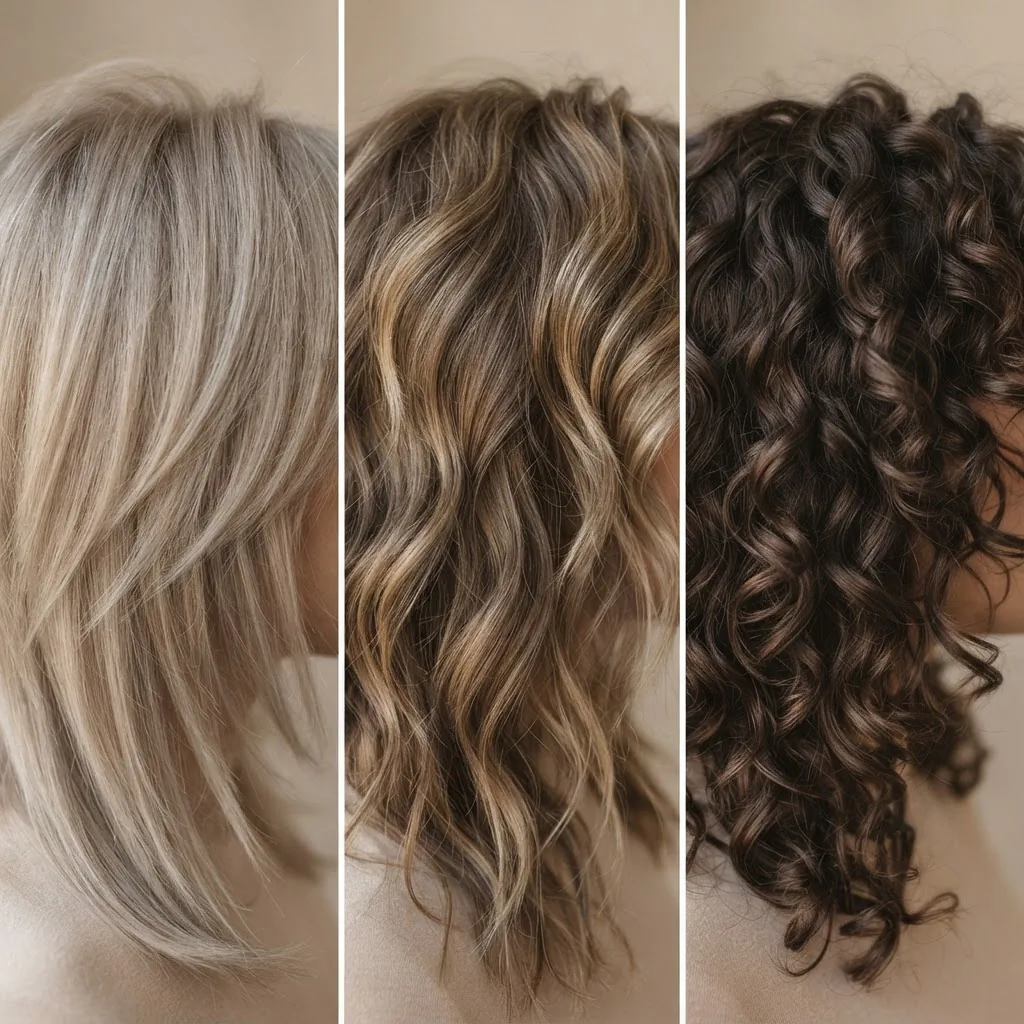 Three close-up hair texture shots showing a wolf cut on fine straight hair, loose wavy hair, and defined curly hair to illustrate how the style adapts by texture.