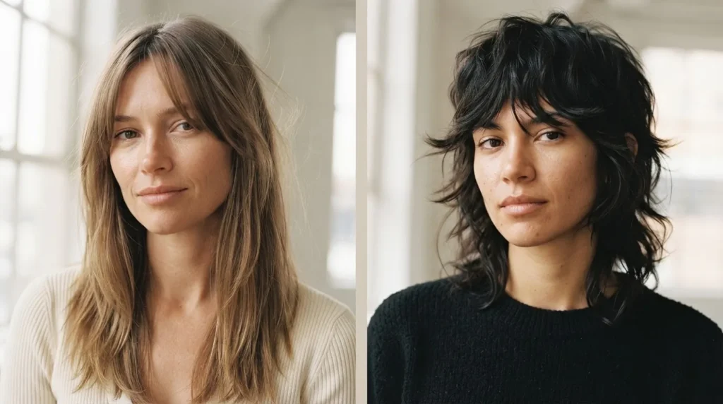 A close-up side-by-side showing a soft blended wolf cut with curtain bangs next to a bold choppy wolf cut with full layered texture on two different women.