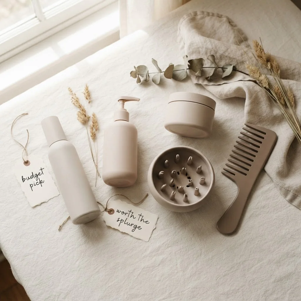 A flat lay of wolf cut styling products including a texturizing spray, heat protectant, light mousse, and diffuser attachment arranged on a warm white surface with soft natural light.