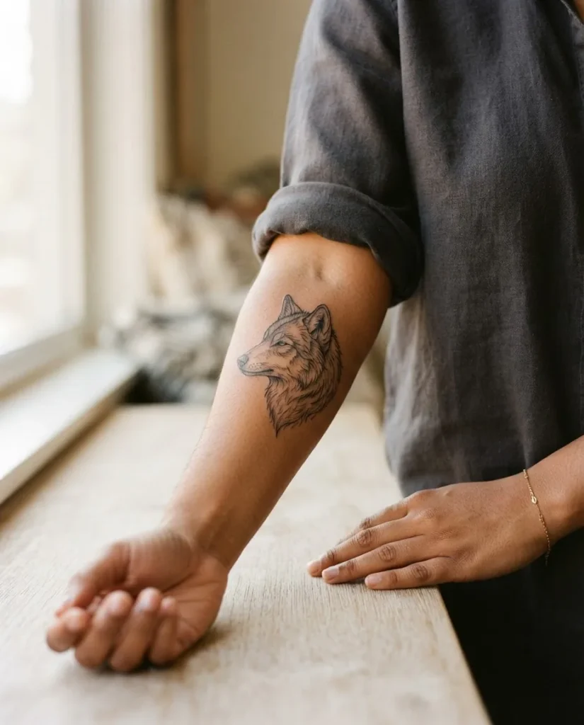 Close-up of a healed fine-line wolf tattoo on the outer forearm of a woman with medium brown skin tone, photographed in soft natural window light showing clean linework detail.