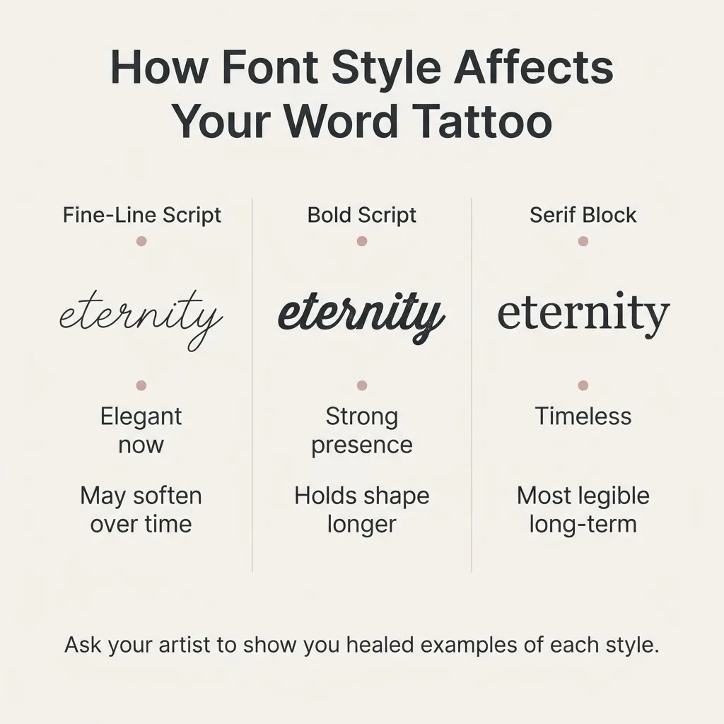 A flat minimalist infographic comparing three word tattoo font styles, fine-line script, bold script, and serif block lettering, with aging and legibility notes for each.