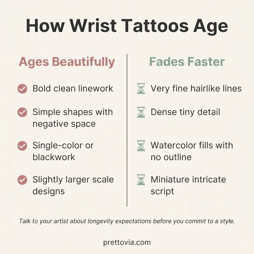 Flat vector infographic comparing wrist tattoo styles that age well versus styles that fade faster, with icons for bold lines and fine line designs labeled with honest longevity notes.
