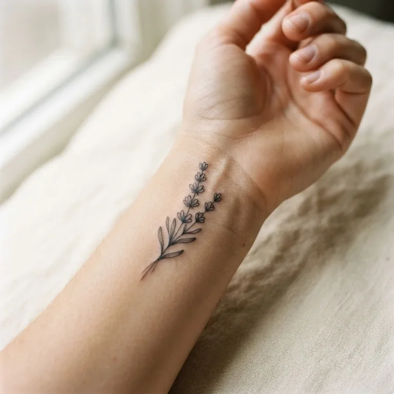 Close-up of a healed fine line botanical wrist tattoo showing a delicate sprig of lavender on the inner wrist of a woman in her late twenties, photographed in soft natural window light.