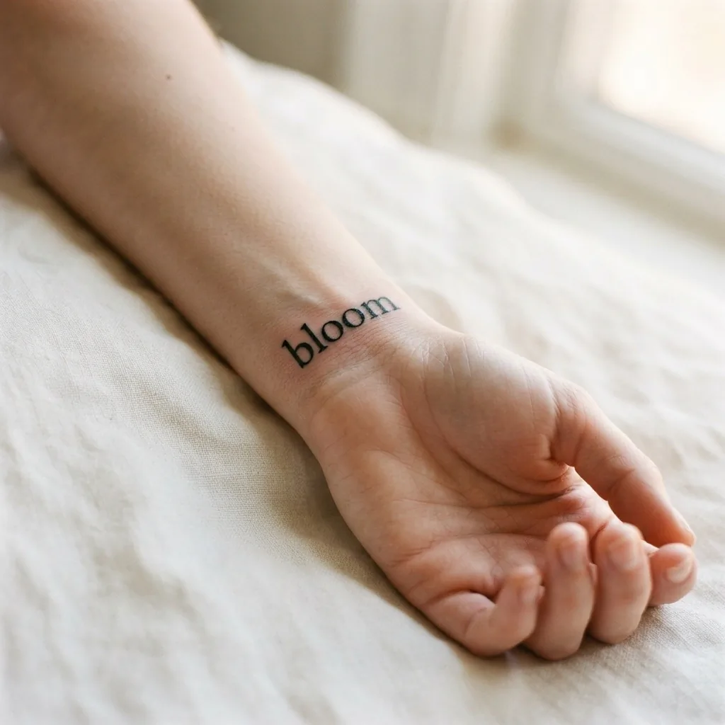 Close-up of a single word script tattoo in clean serif lettering on the inner wrist of a woman with fair skin, photographed in warm natural light showing healed ink with clear definition.