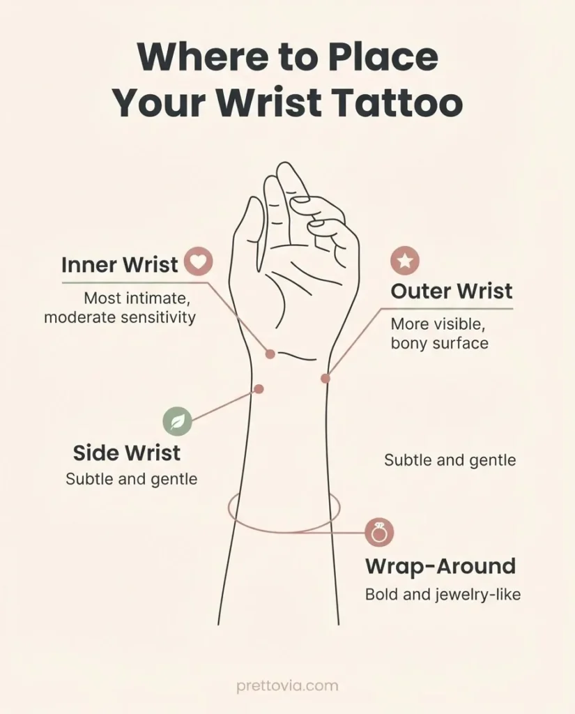 Flat vector infographic diagram showing the four wrist tattoo placement zones labeled inner wrist, outer wrist, side wrist, and wrap-around bracelet on a clean illustrated wrist outline.