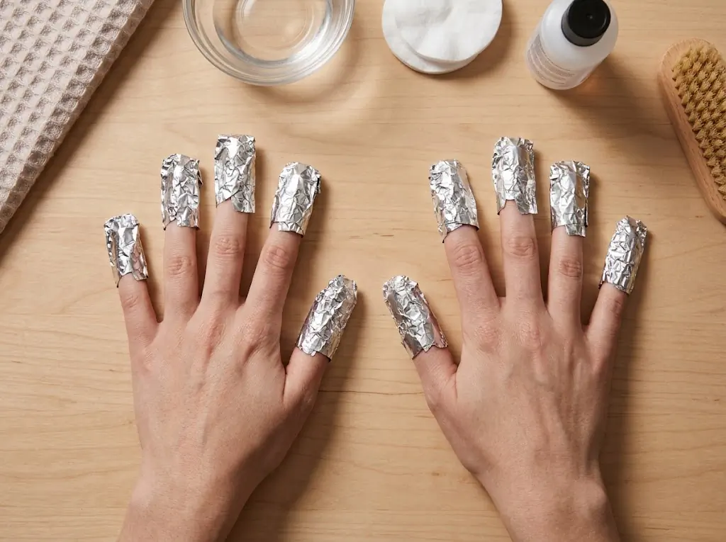 Hands with fingers wrapped in aluminum foil nail removal clips soaking in acetone for safe at-home acrylic removal, shot from above on a light wooden surface.