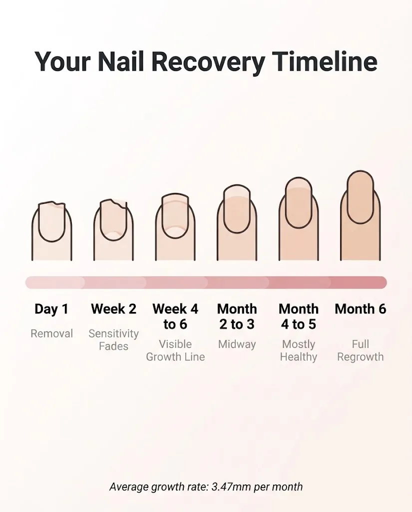 Infographic showing a six-month nail recovery timeline after acrylic removal with weekly progress milestones labeled from removal day to full healthy regrowth.