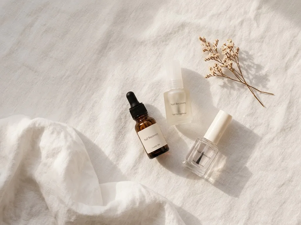 Flatlay of nail recovery essentials including a cuticle oil pen, a clear nail strengthener bottle, and a base coat on a soft white surface with warm natural lighting.