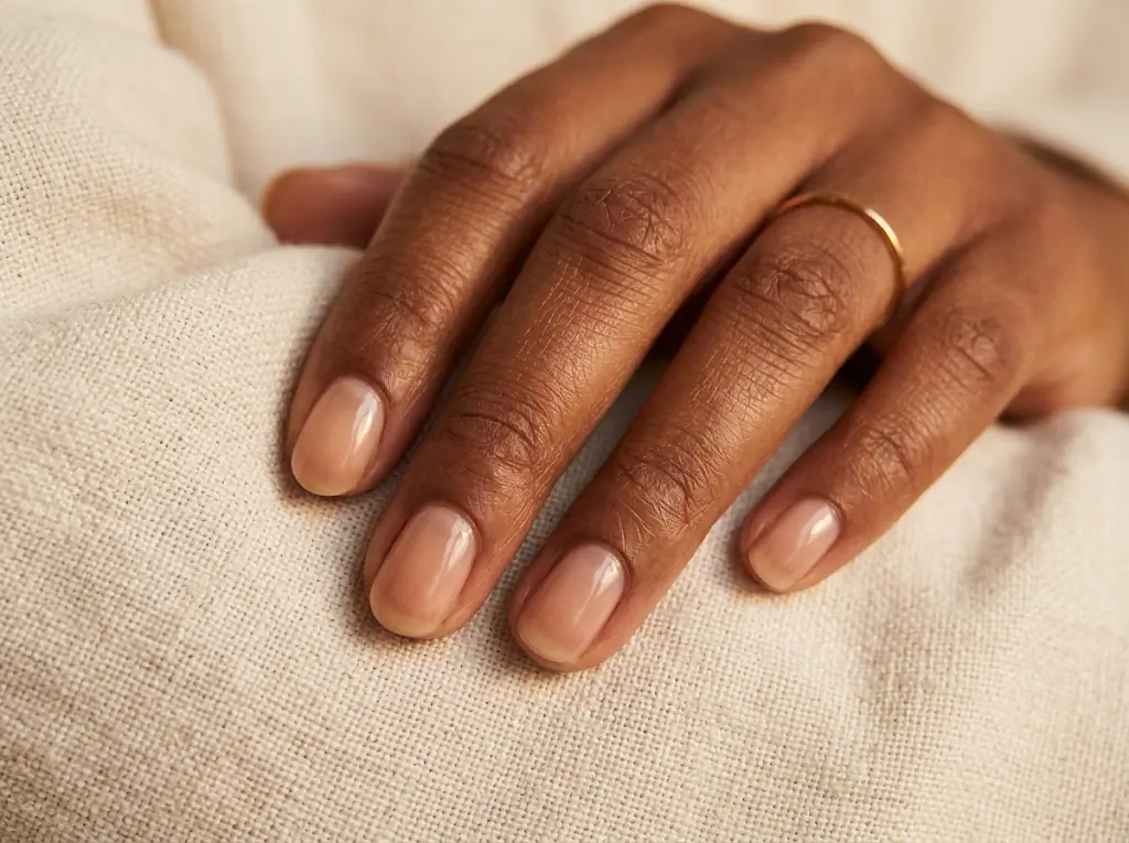 Close-up of short oval nails painted in a sheer warm nude polish on a deeper skin tone hand resting on a cream linen surface, showing a polished minimal recovery manicure.