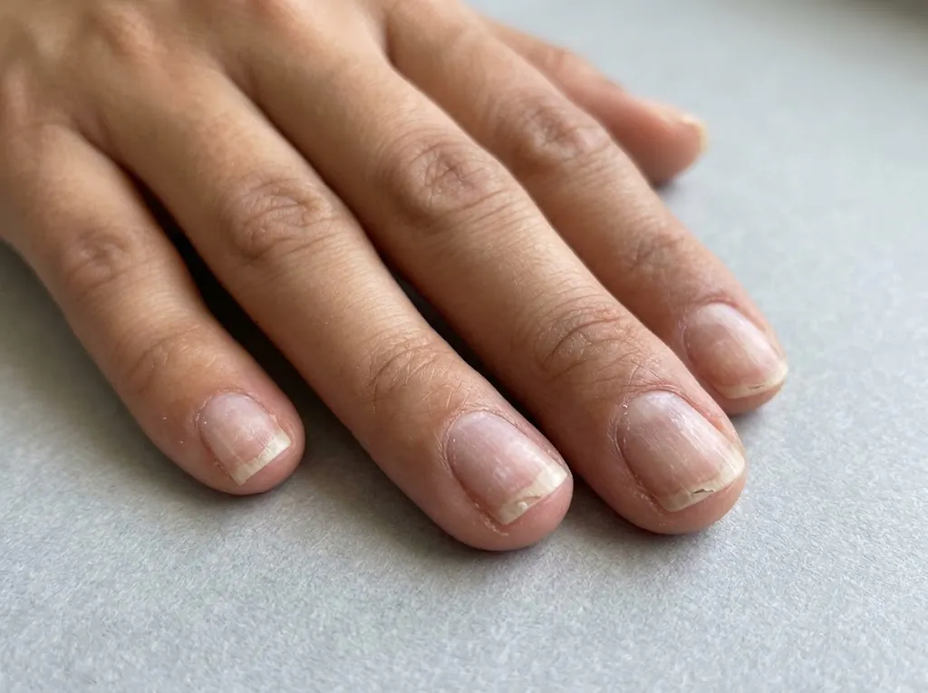 Extreme close-up of thin peeling natural fingernails on a light brown hand immediately after acrylic removal, showing surface whitening and edge peeling on short nails.