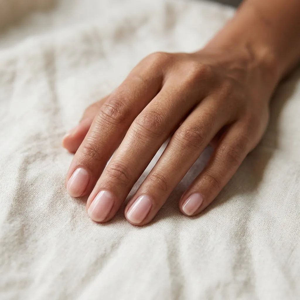 Close-up of short natural nails with a sheer milky pink polish on medium skin tone hands, showing a clean healthy recovery manicure after acrylic removal.