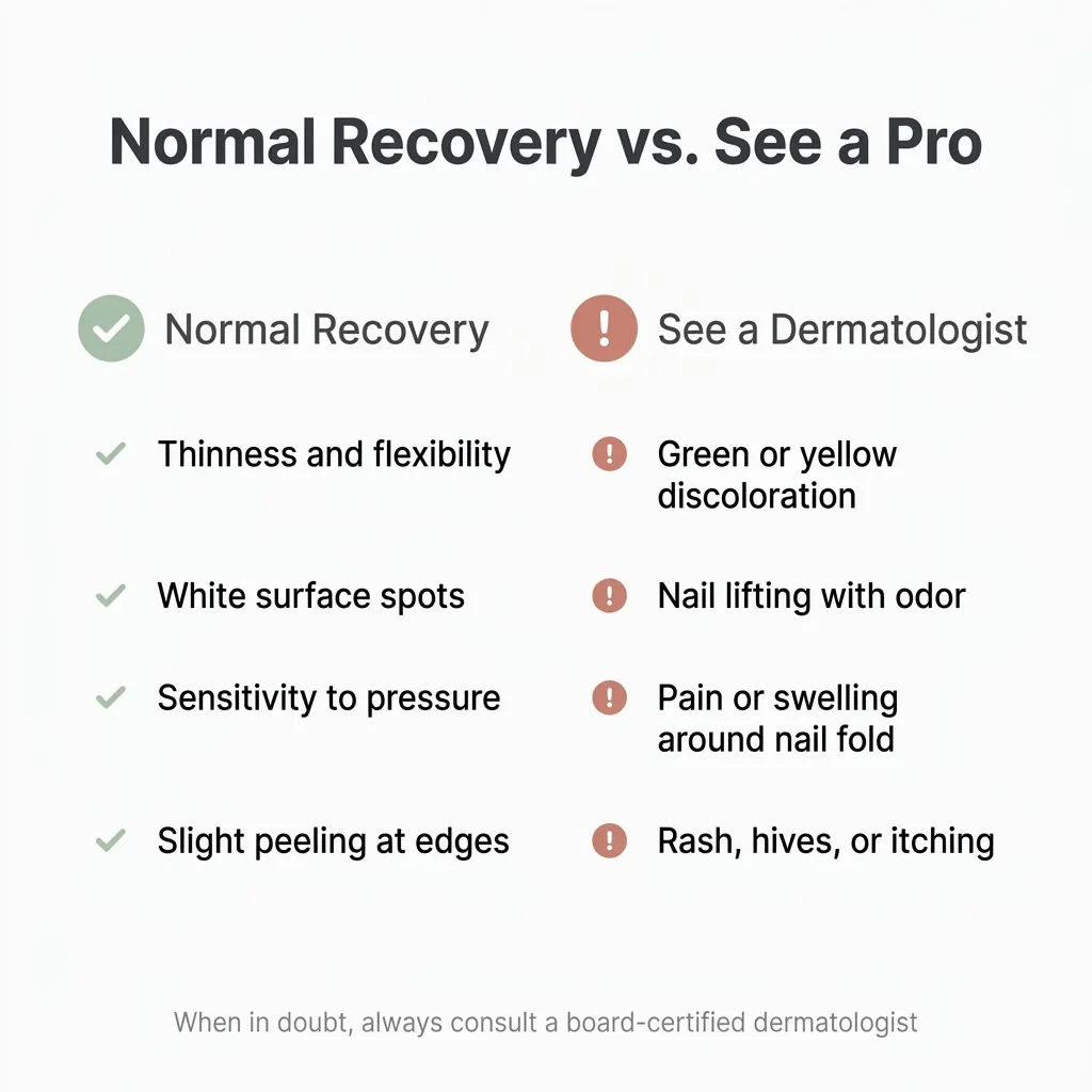 Infographic checklist comparing normal post-acrylic nail recovery symptoms versus warning signs that require a dermatologist visit, with simple labeled icons.
